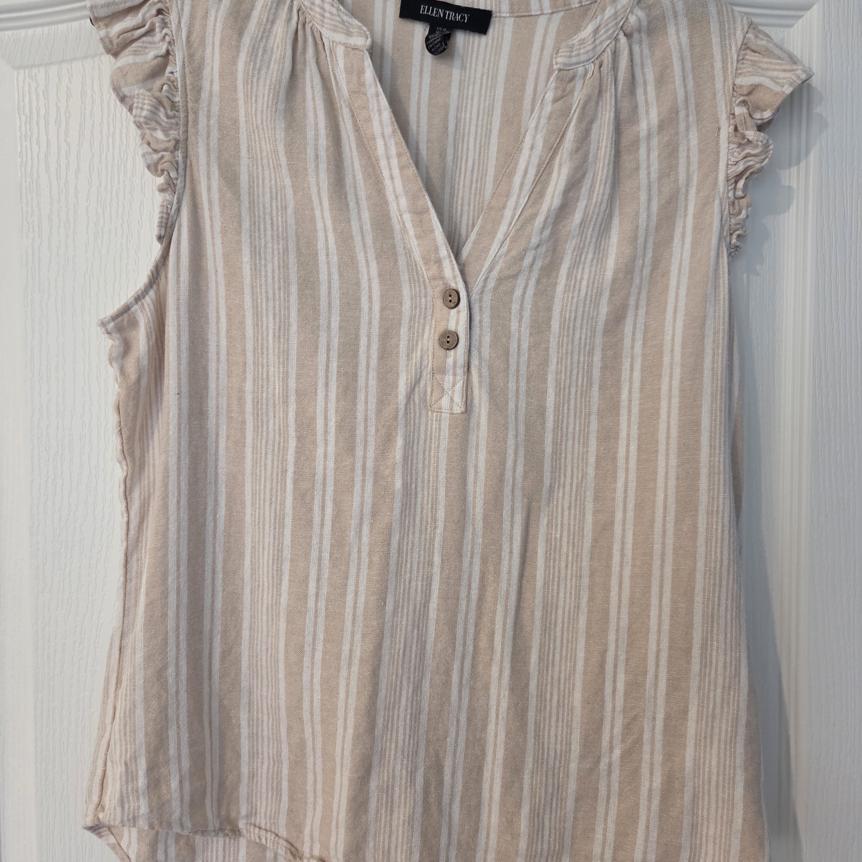 Ellen Tracy Beige And White Striped Ruffle Sleeve V-Neck Tank